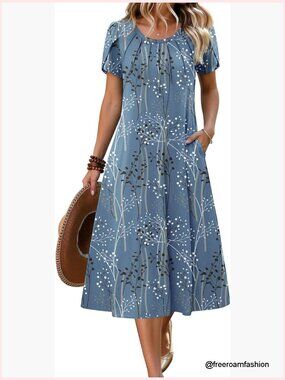 Pleated Midi Dress with Petal Sleeves, A-Line Casual Summer Dress